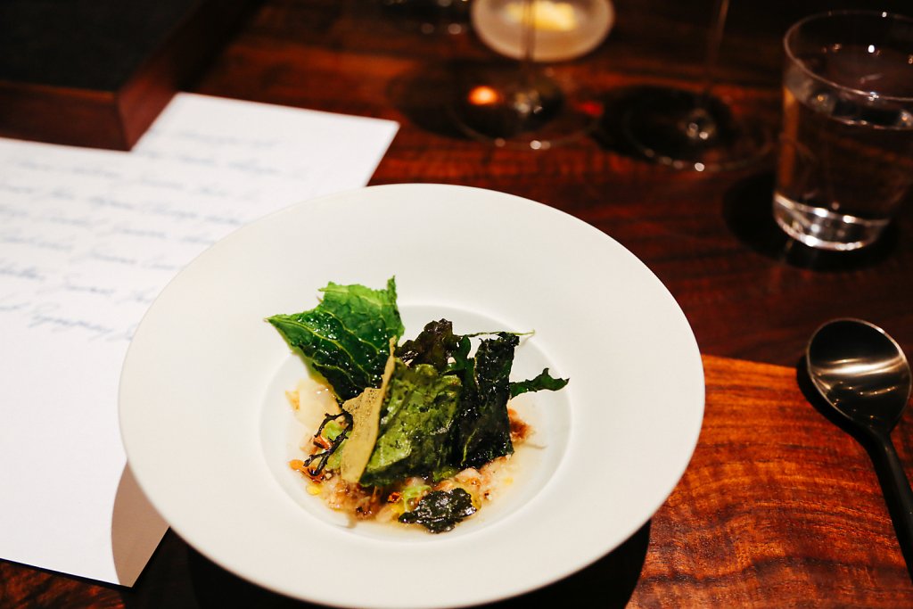 Brassicas, dehydrated leaves and wild seaweed bouillon