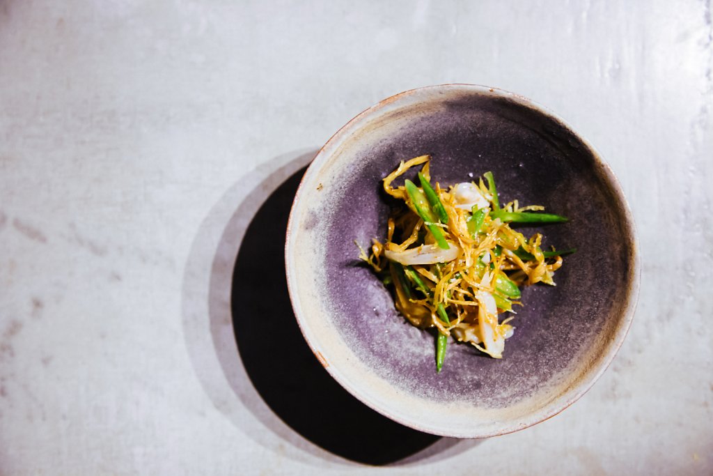 Mi cuit smoked razor clams, haricot, matsutake, caviar, yuzu salt, chive oil and potato