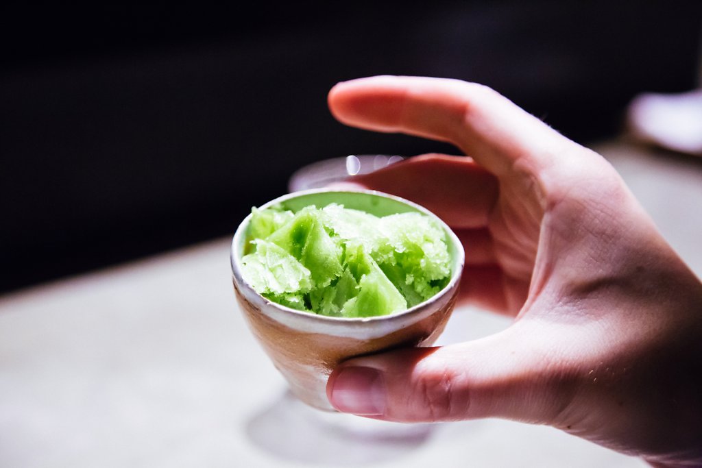 Kakigori, green tea, adzuki beans and condensed milk