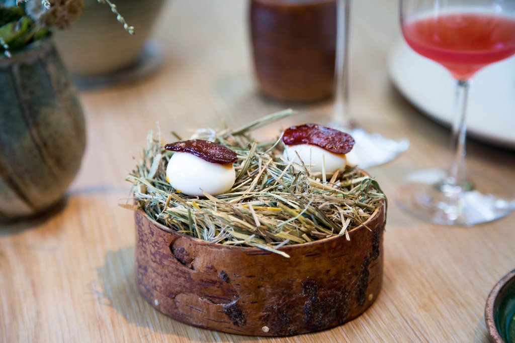 Quails egg and hip berry chorizo